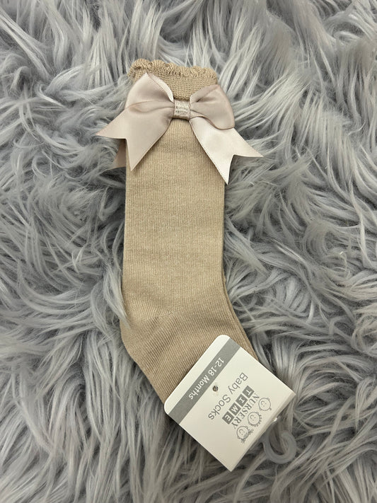 Knee high beige bow socks