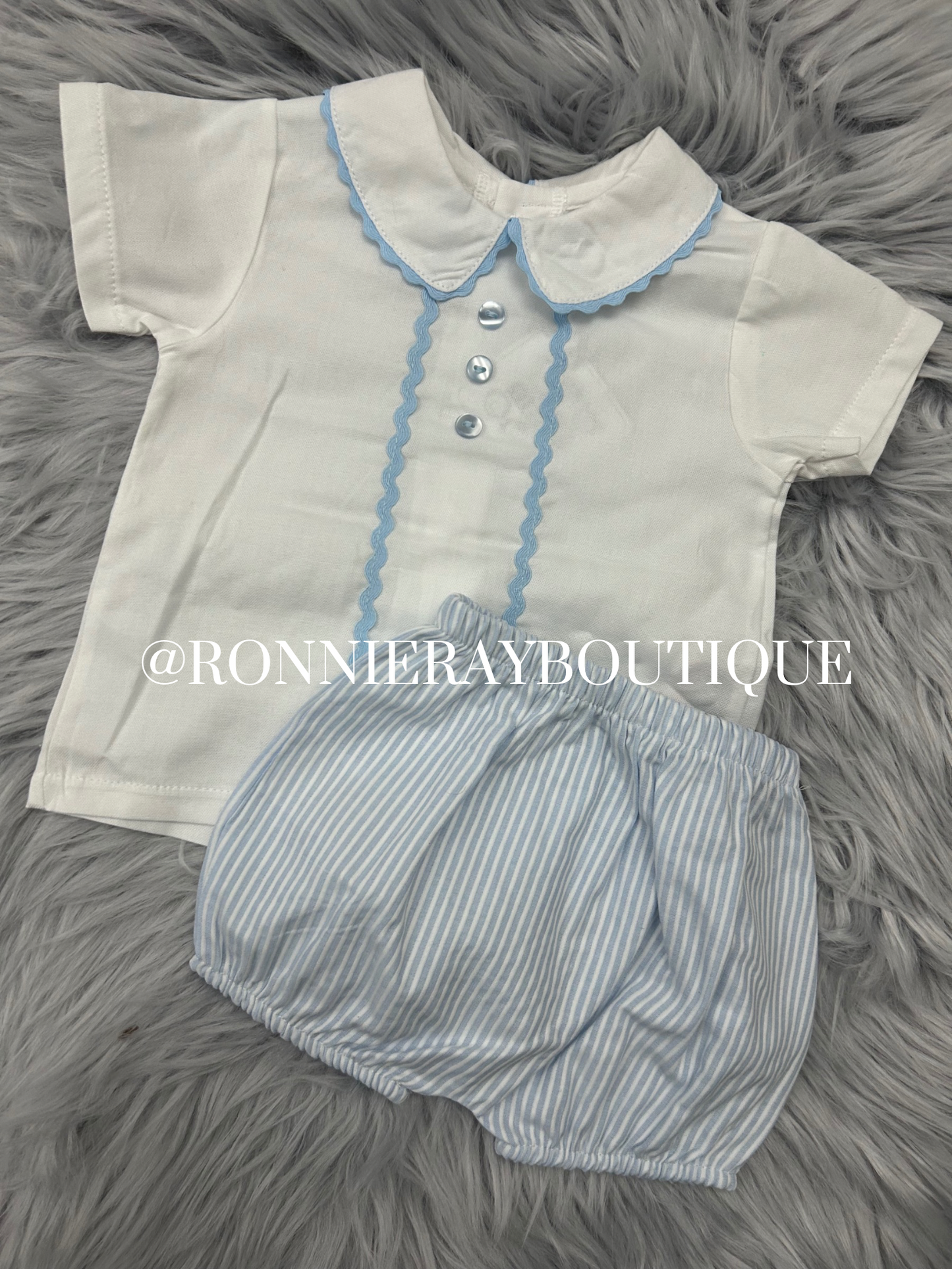 White shirt and blue pinstripe set