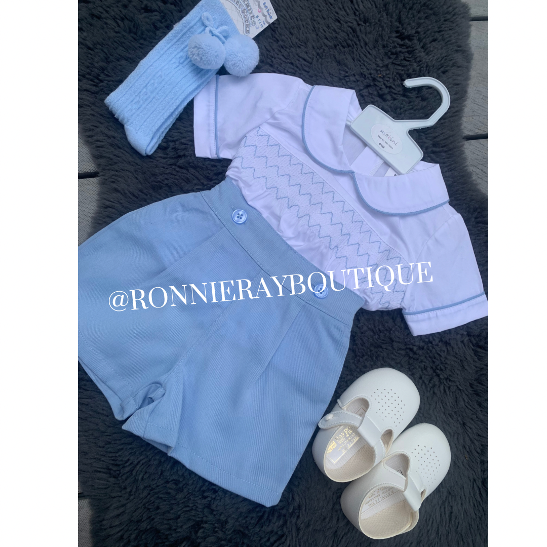 Sky blue smocked shirt set